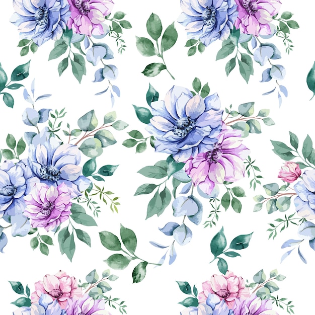 Elegant floral Seamless pattern with watercolor anemone flowers and greenery