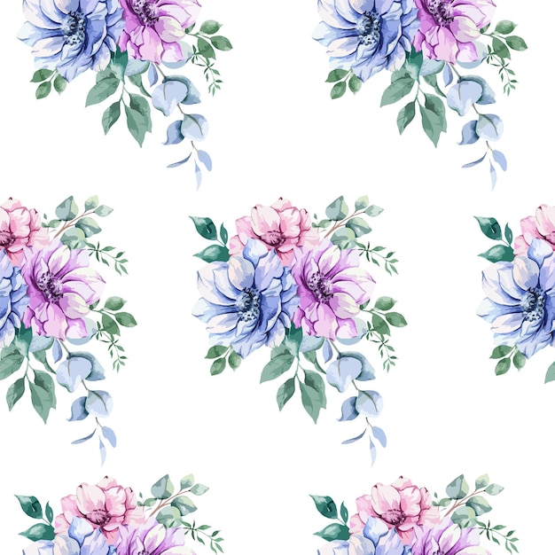 Elegant floral Seamless pattern with watercolor anemone flowers and greenery