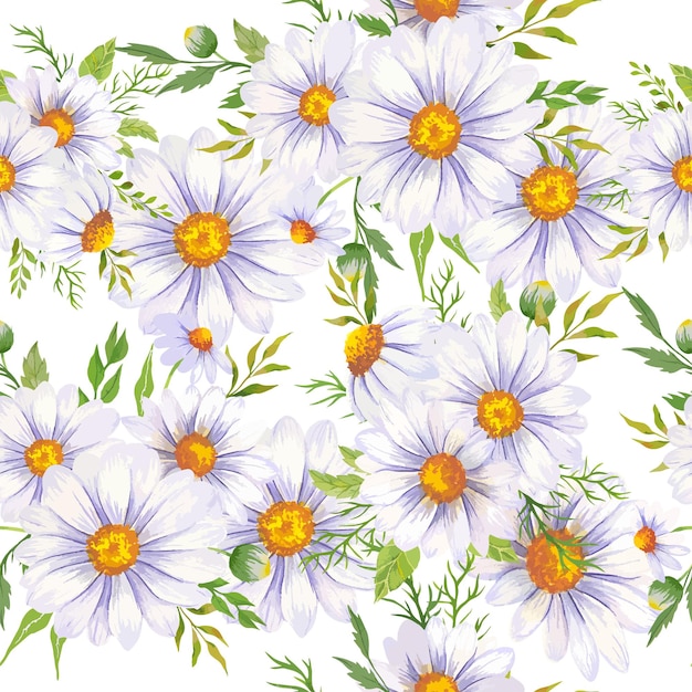 Vector elegant floral seamless pattern with watercolor daisy flowers and greenery