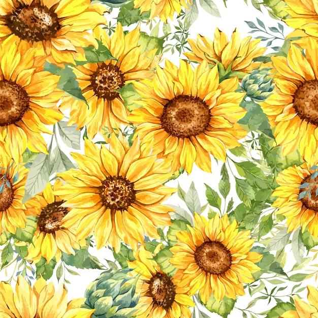 Elegant floral Seamless pattern with watercolor sunflowers and green leaves