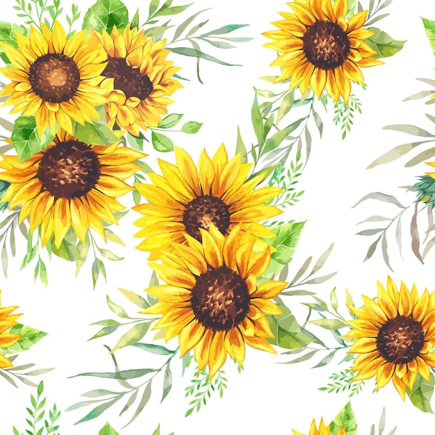 Elegant floral Seamless pattern with watercolor sunflowers and greenery