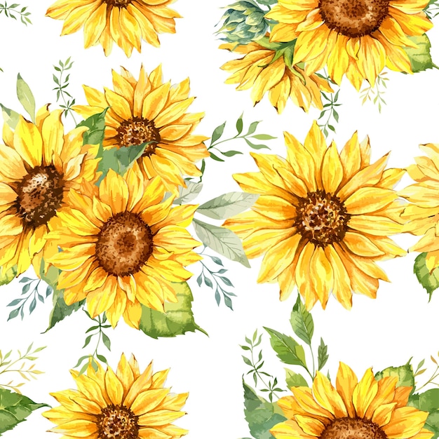 Elegant floral Seamless pattern with watercolor sunflowers and greenery