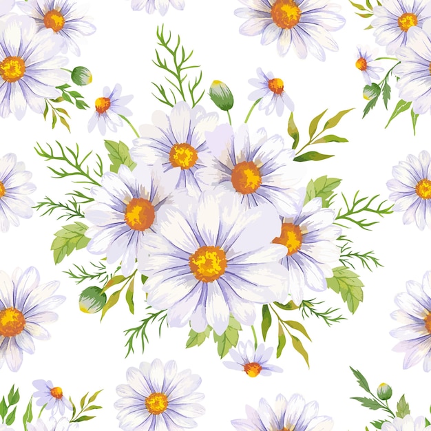 Elegant floral Seamless pattern with watercolor white daisy flowers and greenery