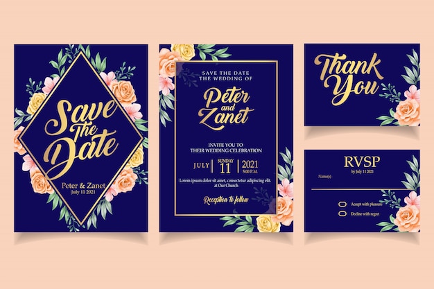 Modello di carta di matrimonio invito floreale elegante dell'acquerello