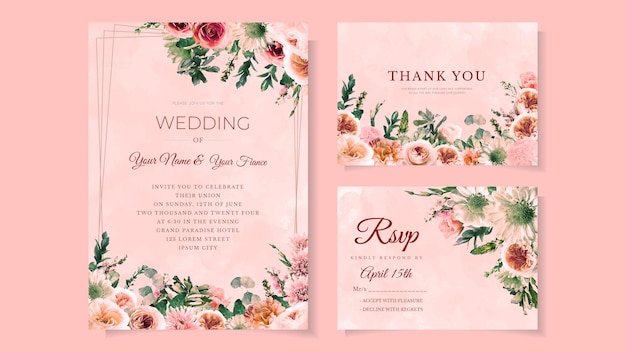 エレガントな花の結婚式の招待カードセットの花のフレームとボーダー