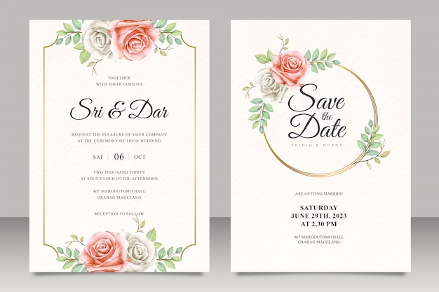 Elegant floral wedding invitation card template with golden frame