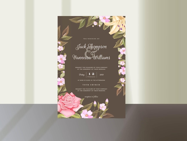Элегантный цветочный шаблон свадебного приглашения с розами и листьями