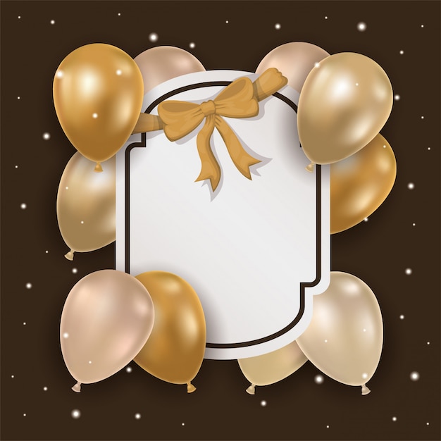 Vector elegant frame with golden bow and balloons helium