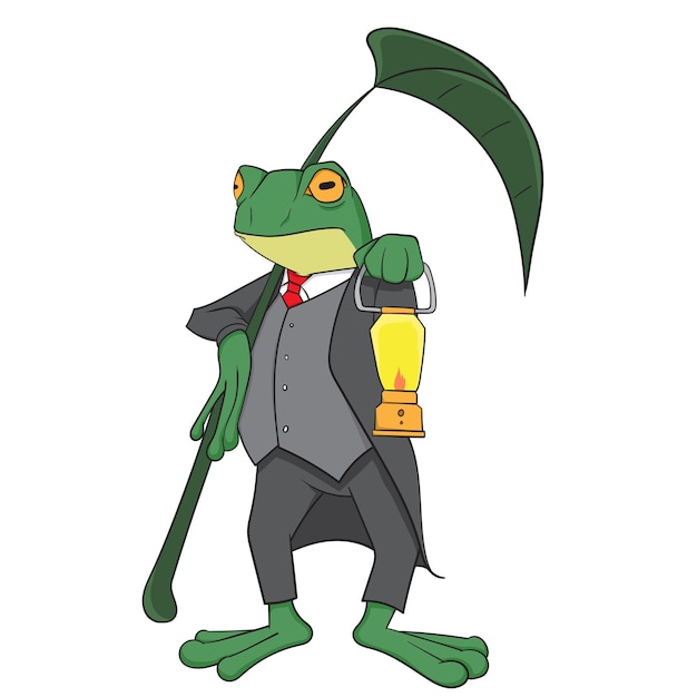 Elegant Frog With Its Leaf Umbrella Vector Illustration