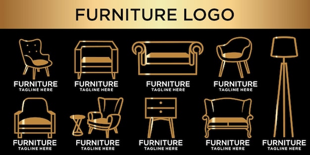 Elegant furniture icon set logo with golden couch