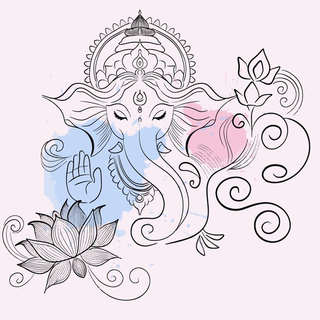 Vector elegant ganesha line art with lotus