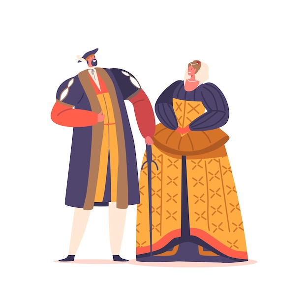 Vector elegant geklede mannelijke en vrouwelijke personages in kostuums uit het renaissancetijdperk, versierd met rijke stoffen en weelderige accessoires