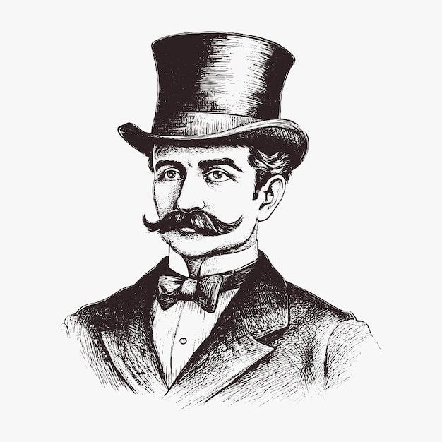 Elegant gentleman in top hat with mustache and whisker Vintage style Victorian Era hand drawn vector