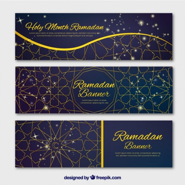 Eleganti banner ramadan geometrici con dettagli dorati