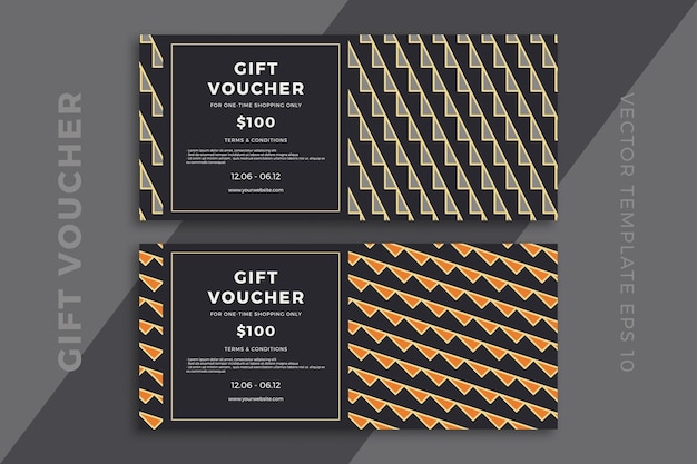 Elegant gift card templates with geometric pattern on dark background. Modern discount coupon