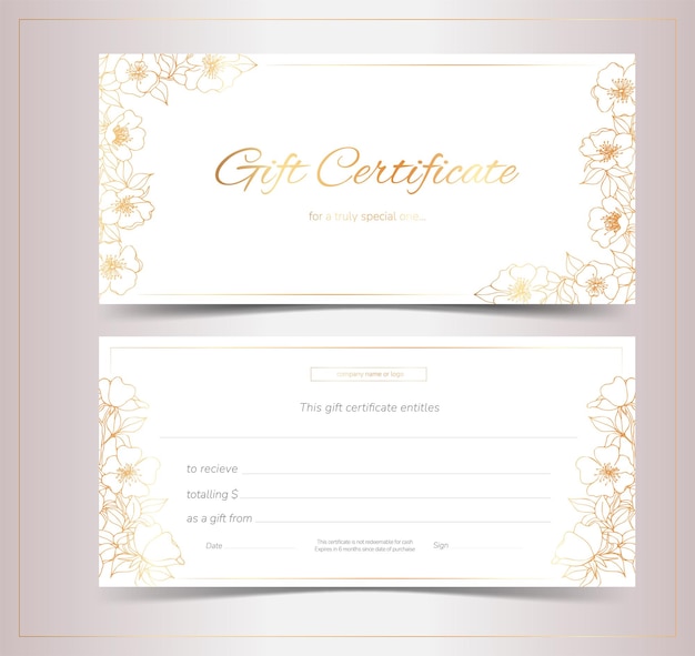 Elegant gift certificates with flowers Golden sakura blooms on a light background Gift voucher template for spa cosmetics beauty restaurants