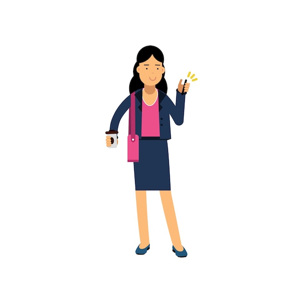 Elegant girl in formal clothes standing with smartphone and coffee cup, female student using electronic device vector illustration isolated on a white background