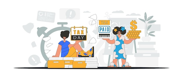 Vector elegant girl and guy demonstrate paying taxes graphic illustration on the theme of tax payments