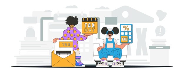 Vector elegant girl and guy demonstrate paying taxes an illustration demonstrating the correct payment of taxes