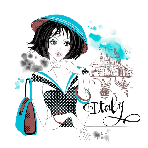 Elegant girl in italy. venice.travel. vector. watercolor stains.