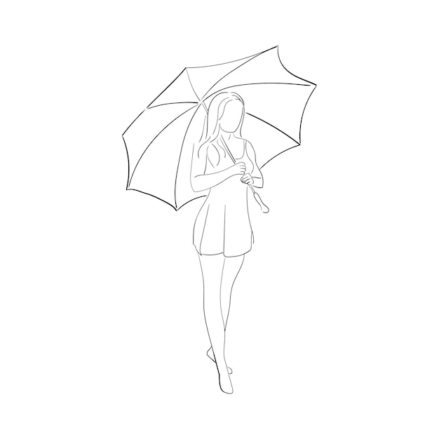 Vector elegant girl wearing autumn clothes goes under umbrella. vector hand drawing. view back.