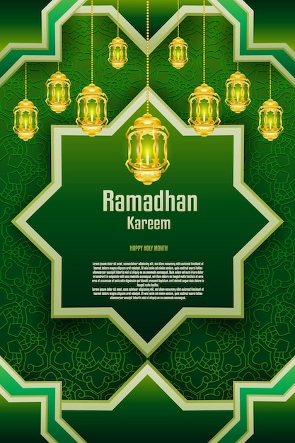 Elegante sfondo glamour e poster ramadan kareem con stile gradiente e icona realistica