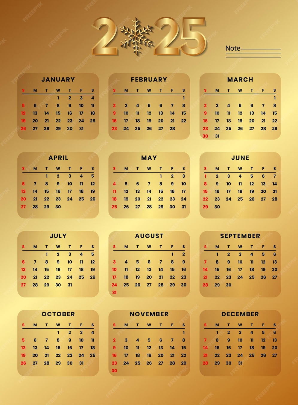 Premium Vector Elegant Gold 2025 Yearly Calendar Template with