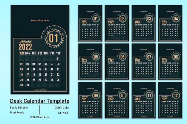 Elegant gold color desk calendar template 2022