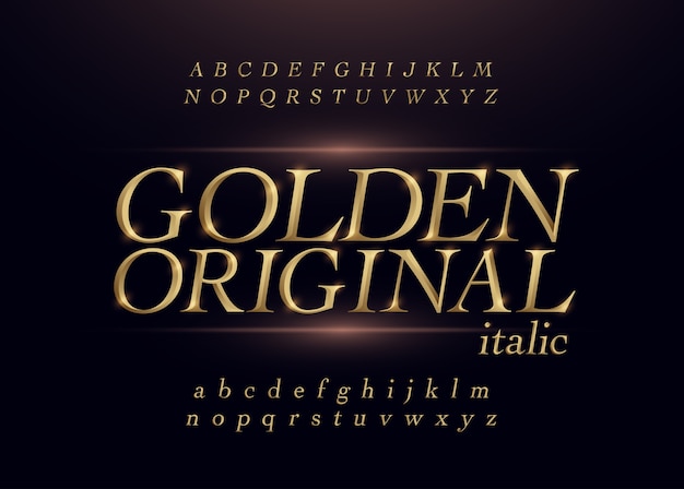 Vector elegant gold colored metal chrome alphabet italic font.