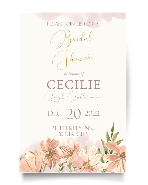 柔らかい桃のコスモスの花の水彩画の結婚式のブライダルシャワーの招待状とエレガントなゴールドフレーム