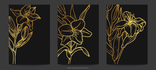 Elegante fiore di magnolia d'oro disegnato a mano con modello di sfondo nero