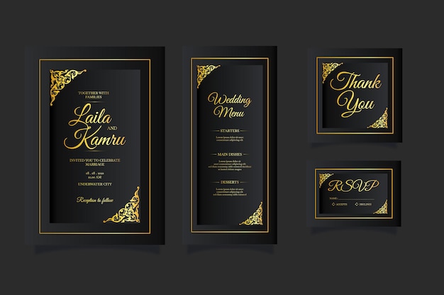 Elegant gold with black floral wedding invitation template design