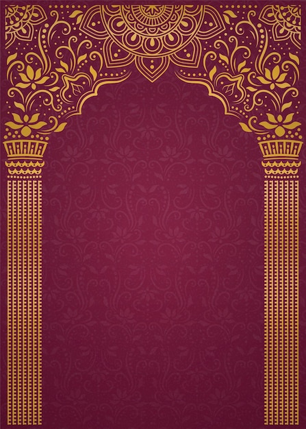 Elegant golden arch and pillar on burgundy red background