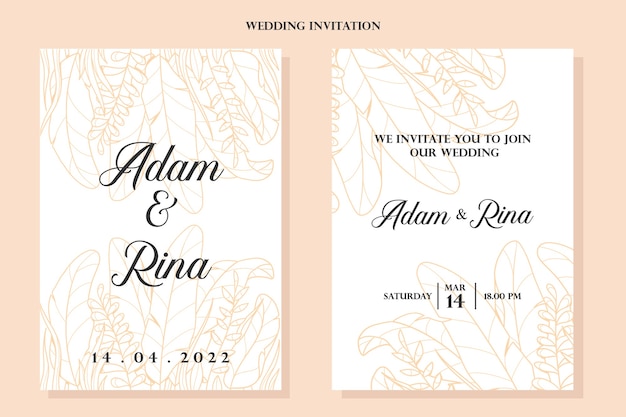 Elegant Golden Floral Plants Leaves Hand Drawn Wedding Invitation Template Design