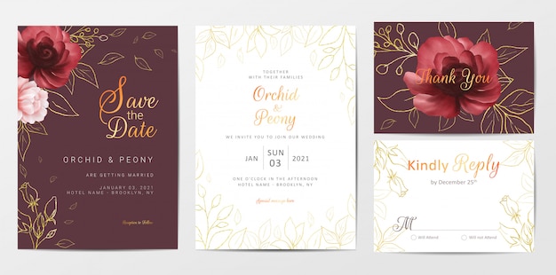 Elegant golden flowers wedding invitation cards template set