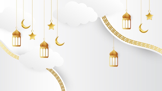 Elegant golden lantern arabic white gold Islamic design background Universal ramadan kareem banner background with lantern moon islamic pattern mosque and abstract luxury islamic elements