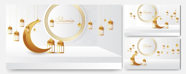 우아한 황금 랜턴 아랍어 화이트 골드 이슬람 디자인 배경