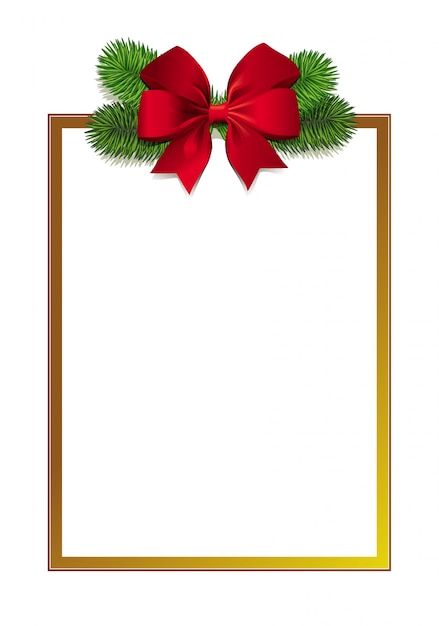 Elegant gouden frame met foto realistische groene kerstboom takken en rode mooie strik. Rechthoekige achtergrond voor seizoensgebonden wintergroeten.