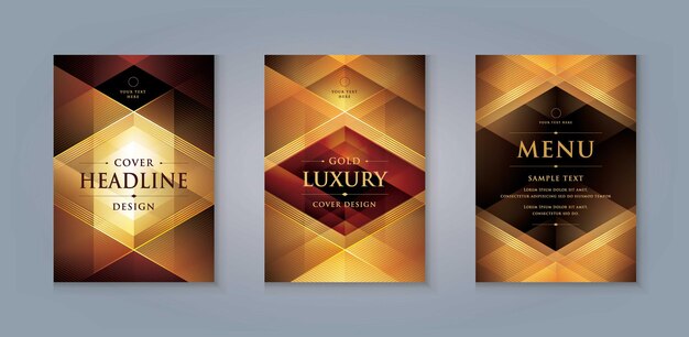 Elegant gouden menu omslagontwerp luxe uitnodigingskaartsjabloon abstracte gouden geometrische driehoek