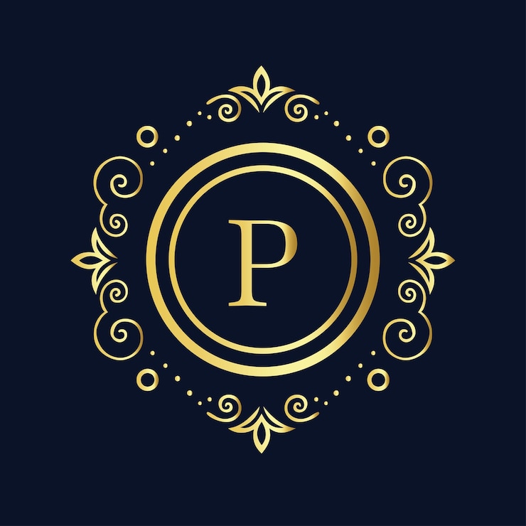 Vector elegant gouden monogram letter p logo met ingewikkelde bloei op donkerblauwe achtergrond