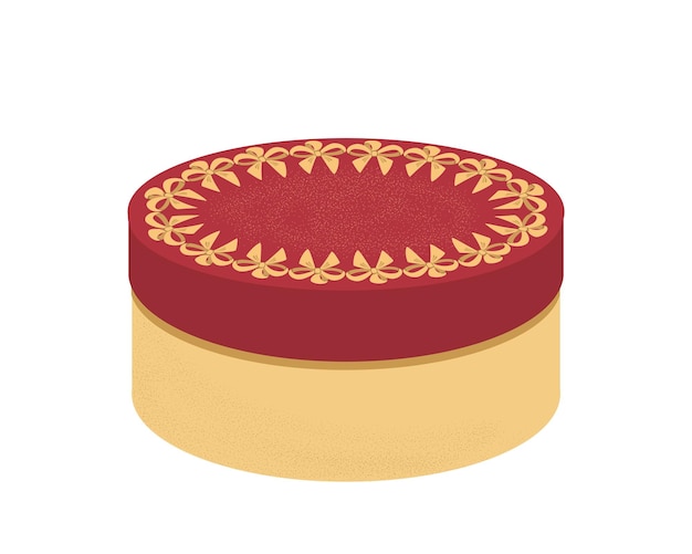 Vector elegant gouden ronde geschenkdoos met bordeaux deksel is versierd met bogen vector textuur patroon met