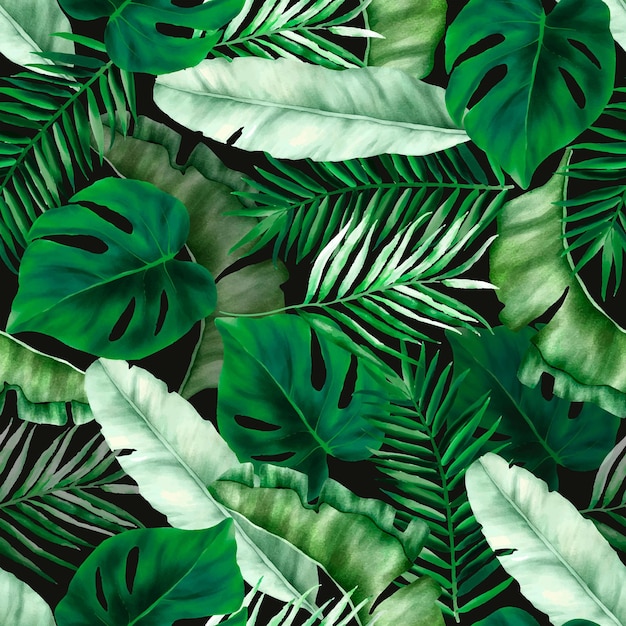 Elegant green tropical leaves watercolor seamless pattern