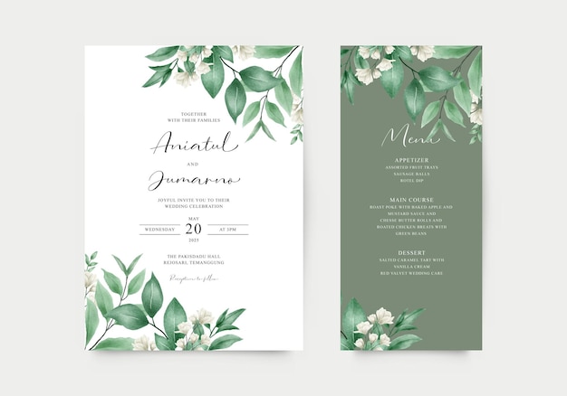 Vector elegant green wedding invitation with watercolor floral