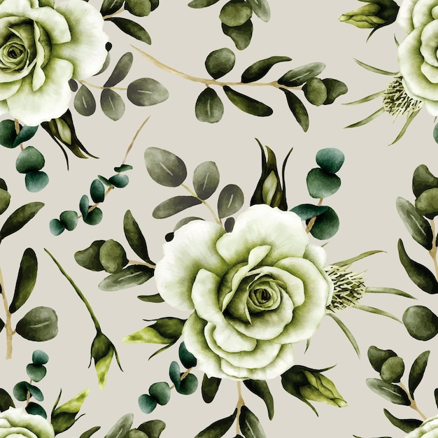 Vector elegant greenery roses flower watercolor seamless pattern