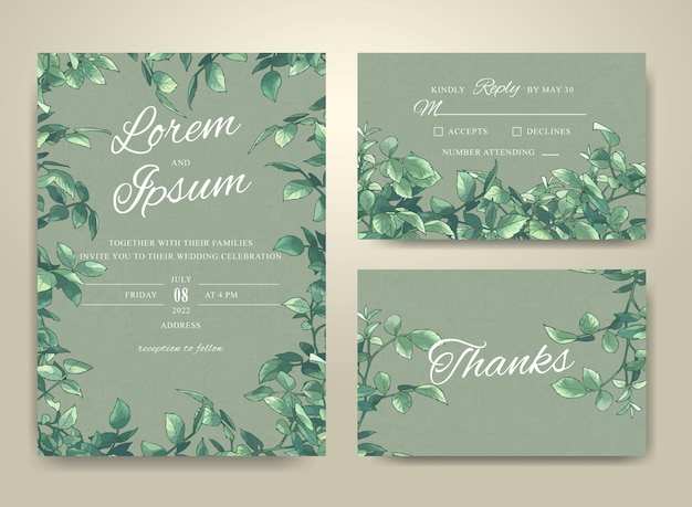 エレガントな緑の結婚式の招待カード テンプレート セット