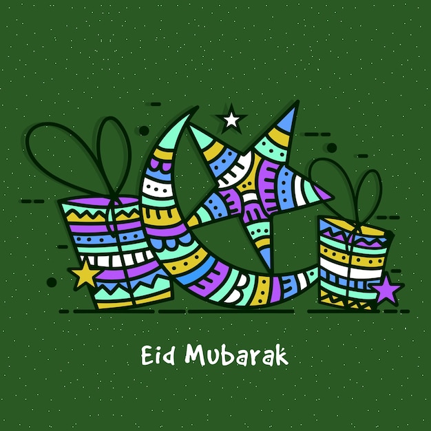 Vettore elegante disegno di biglietto di auguri con stelle di luna crescente colorate e regali su sfondo verde per la celebrazione della famosa festa islamica di eid mubarak