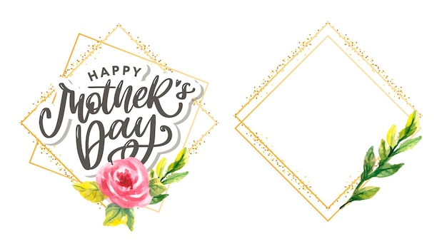 Vector elegant greeting card design with stylish text mother's day in golden frame with colorful flower