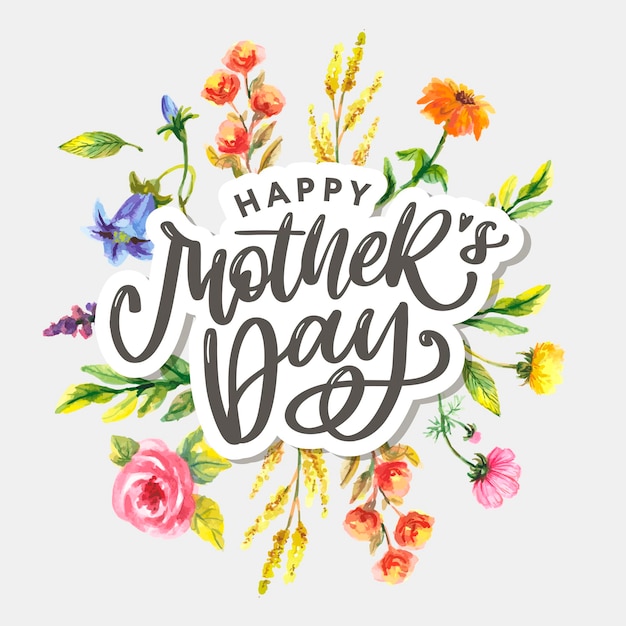 Vector elegant greeting text mother's day in colorful floral wreath