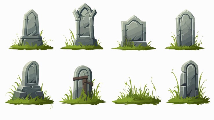 Vector elegant grey rip grave tombstone set with green grass