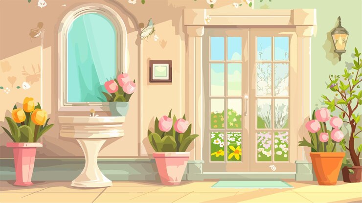 Vector elegant hall with stylish mirror and spring flowers